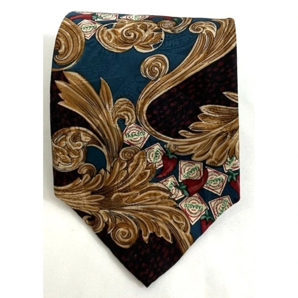 Vtg‎ 90s Tabasco Silk Tie Baroque Gold Scroll Novelty Necktie USA 57